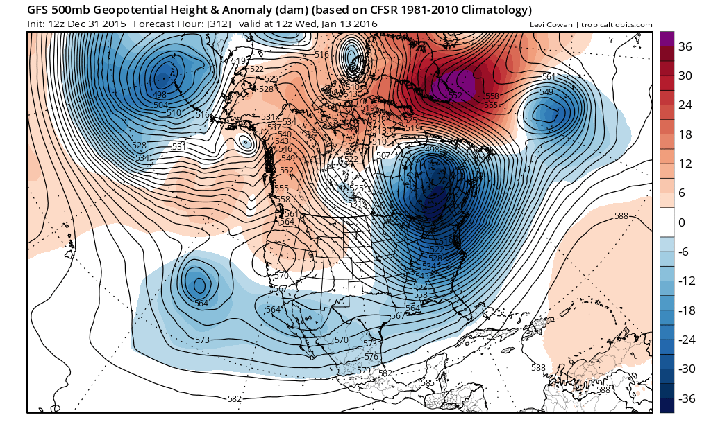 Forecast map of 500 millibar height anomalies for Wednesday, January 13th (courtesy tropicaltidbits.com, NOAA)