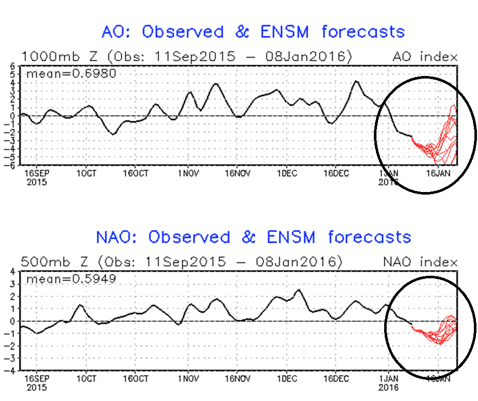 AO and NAO indices past (black) and forecasts (red); courtesy NOAA