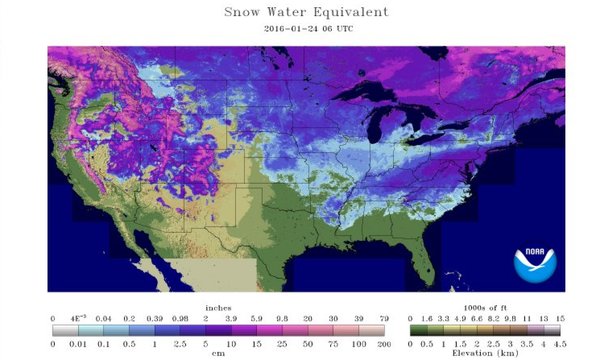 US snowcover map on Sunday morning following the storm: 58% coverage compared to 36% on this date last year; courtesy NOAA