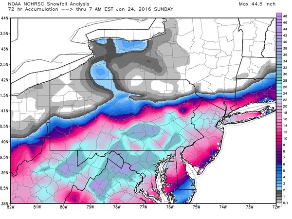 Total snowfall map for the "Blizzard of 2016"; map courtesy Weather Bell Analytics (Dr. Ryan Maue)