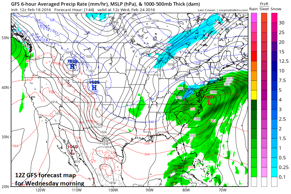 12Z GFS forecast map for Wednesday morning (blue=snow, green=rain); map courtesy tropicaltidbits.com, NOAA