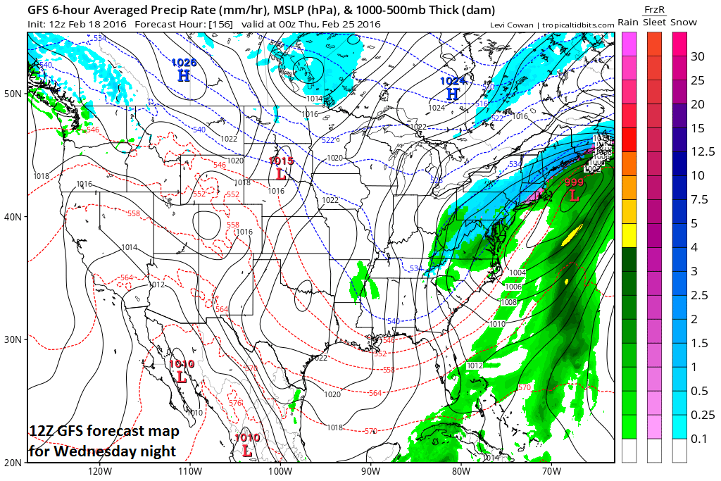 12Z GFS forecast map for Wednesday night; map courtesy tropicaltidbits.com, NOAA