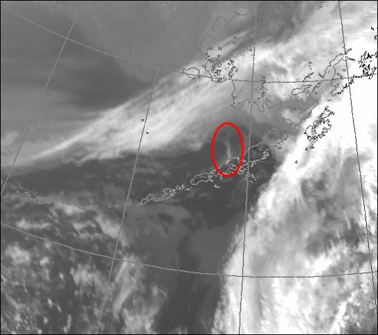 Ash cloud seen on infrared satellite image streaming northward (Sunday, March 27, 2016; 6:45pm local time; image courtesy NOAA)