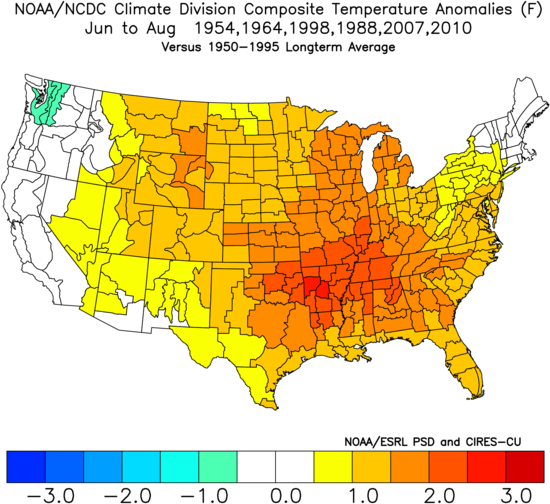 Composite map of temperature anomalies averaged for June, July and August from the analog years of 1954, 1964, 1988, 1998, 2007, 2010; courtesy NOAA
