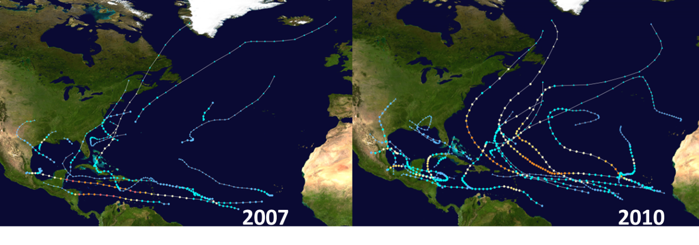 Storm tracks of Atlantic Basin tropical activity during six analog years; data courtesy Wikipedia