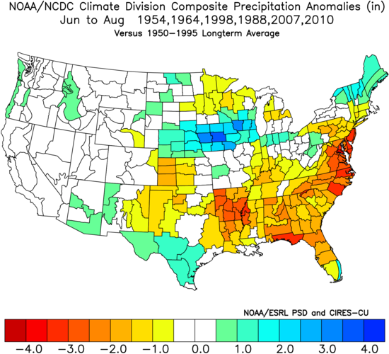 Composite map of precipitation anomalies averaged for June, July and August from the analog years of 1954, 1964, 1988, 1998, 2007, 2010; courtesy NOA
