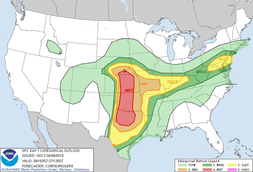 1:30 PM | *Strong-to-severe thunderstorm threat here later today…tornado outbreak possible across the central Plains*