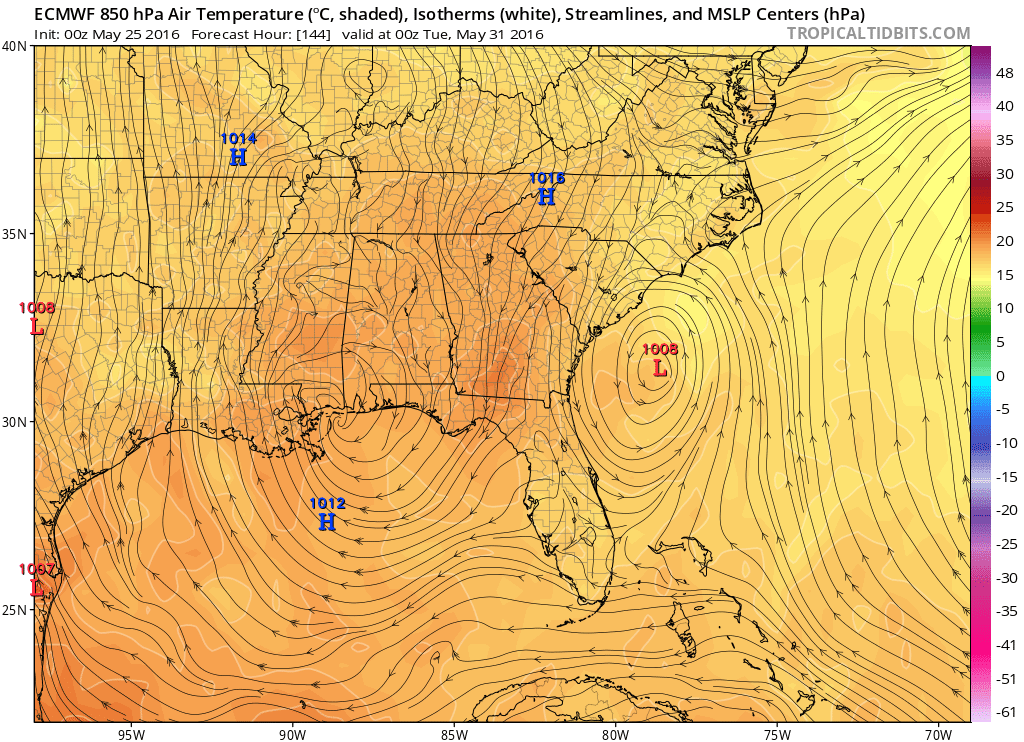 00Z Euro model forecast for Monday night with low pressure just off the Southeast US coastline; map courtesy tropicaltidbits.com