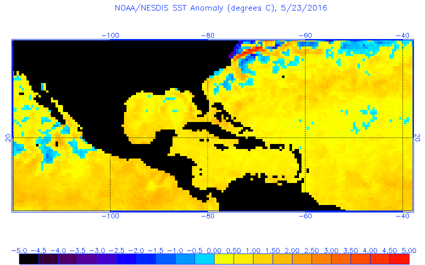 Current sea surface temperature anomalies across tropical Atlantic Ocean, Caribbean Sea and Gulf of Mexico showing favorable warmer-than-normal conditions; map courtesy NOAA
