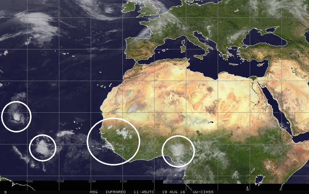 An active look to the tropics with multiple waves over the eastern Atlantic and Africa; infrared image courtesy University of Wisconsin/CIMSS