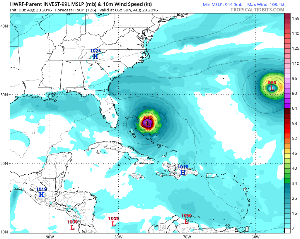 NOAA's high-resolution HWRF computer forecast map for late Saturday night; map courtesy tropicaltidbits.com, NOAA