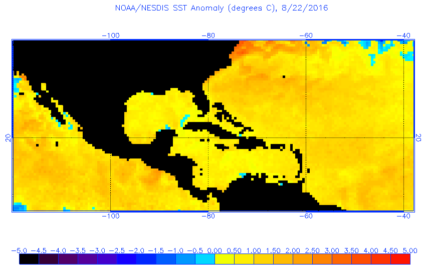 Sea surface temperature anomalies with warmer-than-normal conditions dominating the entire region (yellow, orange); courtesy NOAA