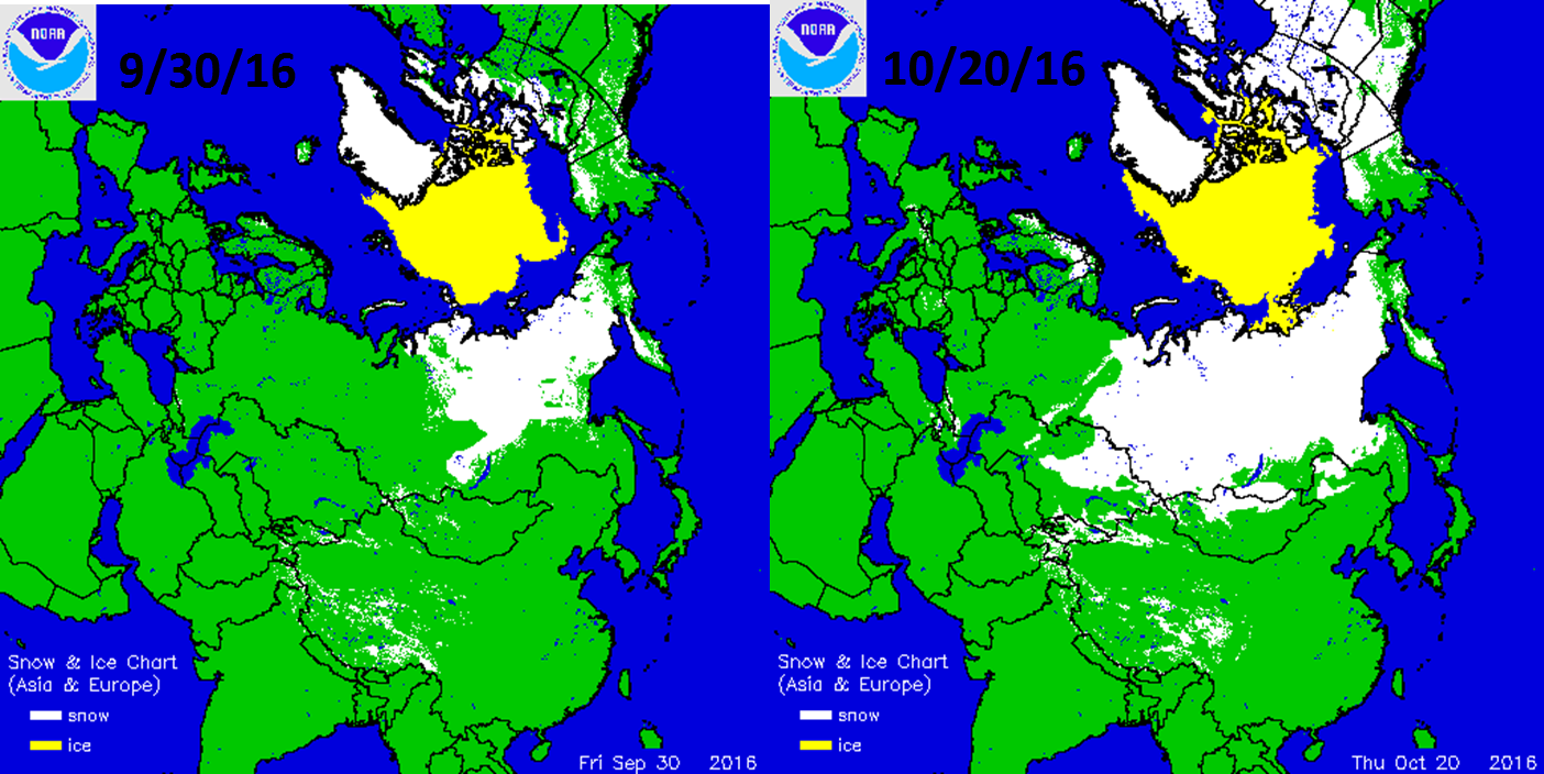 Noticeable expansion of Siberian snow cover (in white) from 9/30 (left) to 10/20 (right); courtesy NOAA