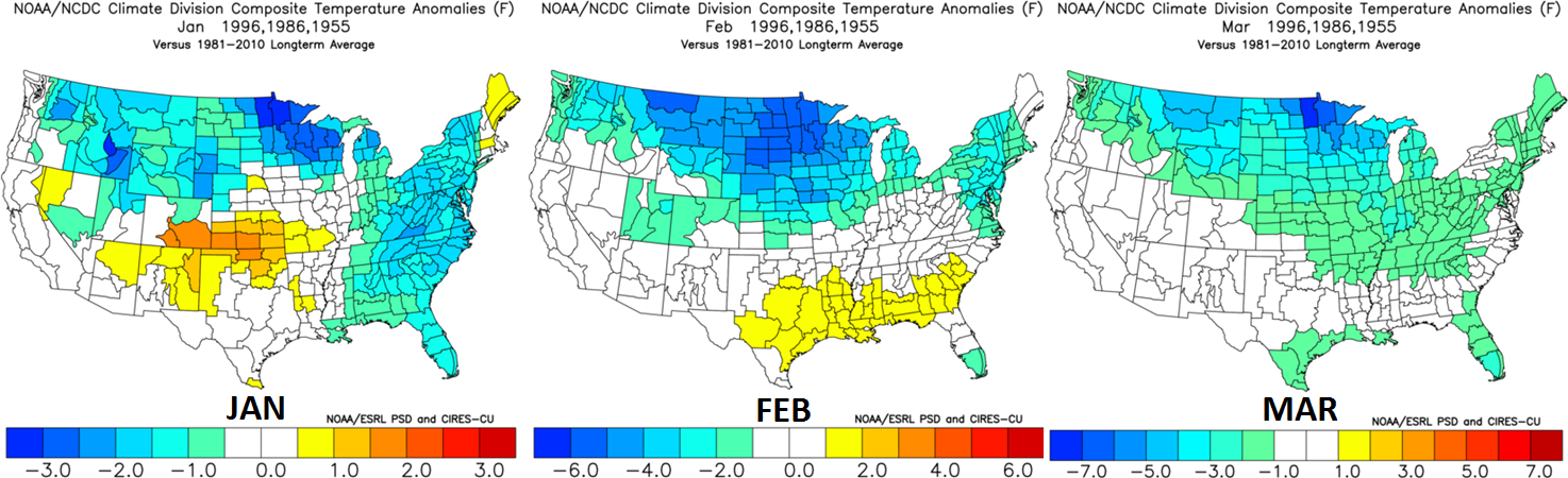 Month-to-month breakdown of temperature anomalies from January through March for the three selected analog years; data courtesy NOAA