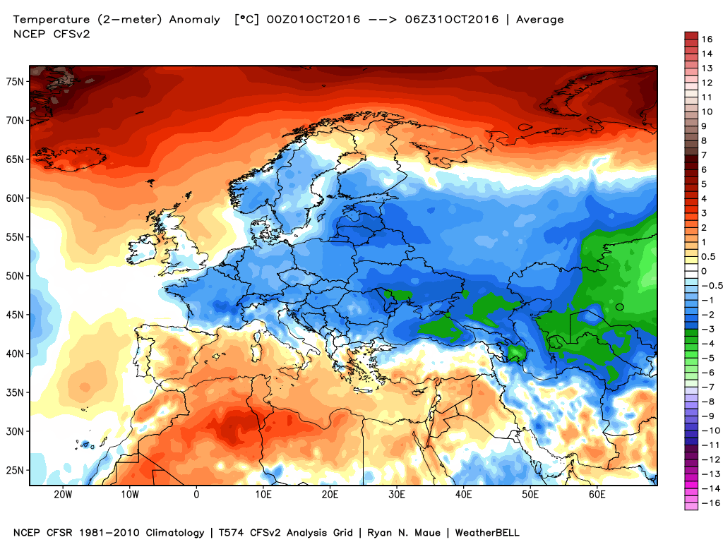 Widespread colder-than-normal conditions during the month of October across Eurasia; map courtesy Weather Bell Analytics at weatherbell.com