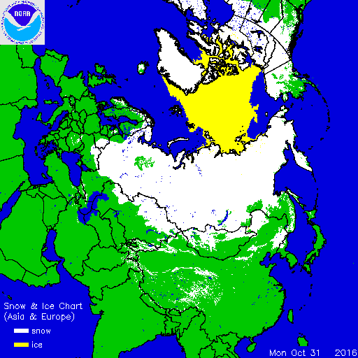 Widespread snowpack (in white) across Siberia as the month of November begins; courtesy NOAA