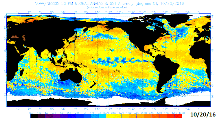Current (October 2016) sea surface temperature anomalies with weak La Nina conditions in the tropical Pacific Ocean; map courtesy NOAA