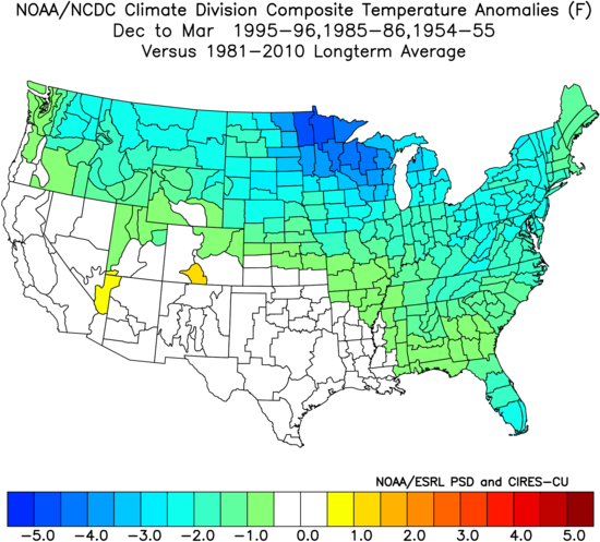 Average December-to-February temperature anomaly pattern for the three selected analog years; courtesy NOAA