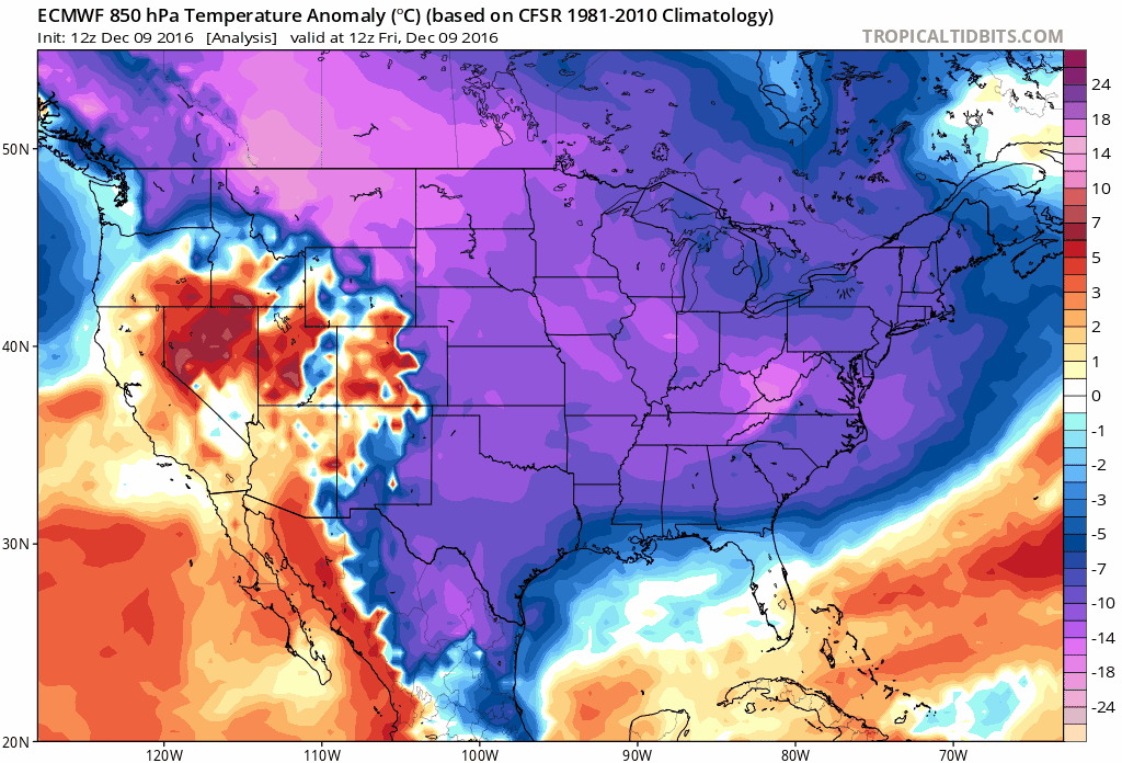 12Z Euro 850 mb temperature anomaly loop from today through next Friday, December 16th; maps courtesy tropicaltidbits.com
