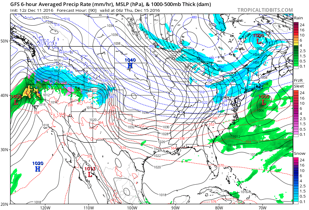 12Z GFS forecast map for early Thursday morning with potential snow (in blue) showing up around here as the next Arctic air mass blasts into the region; map courtesy tropicaltidbits.com, NOAA