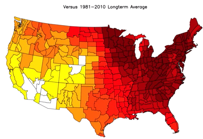 December 2015 temperature anomalies (warmer-than-normal in red, orange); courtesy Weather Bell Analytics, NOAA