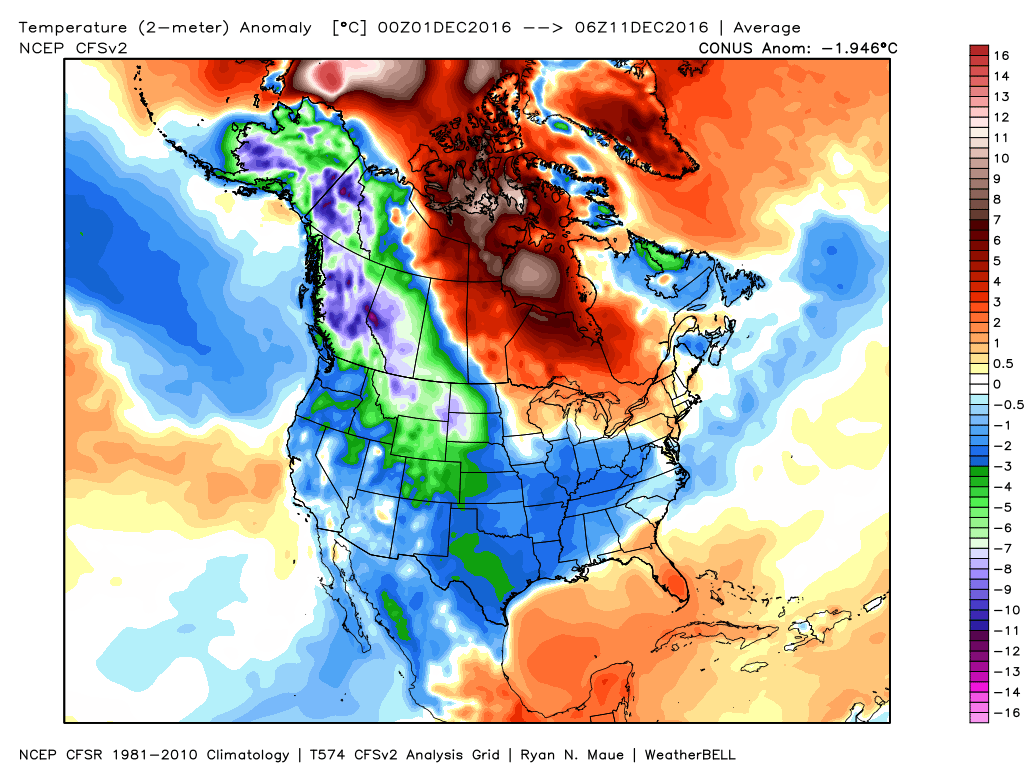 December 2016 temperature anomalies (colder-than-normal in blue, green); courtesy Weather Bell Analytics 