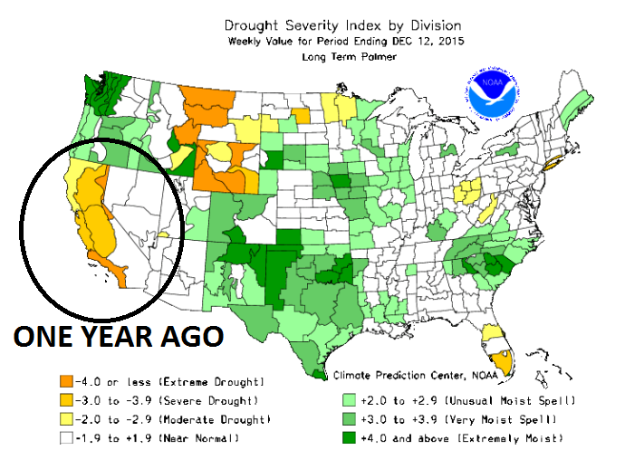 Palmer Drought Severity Index (PDSI) from one year ago; courtesy NOAA