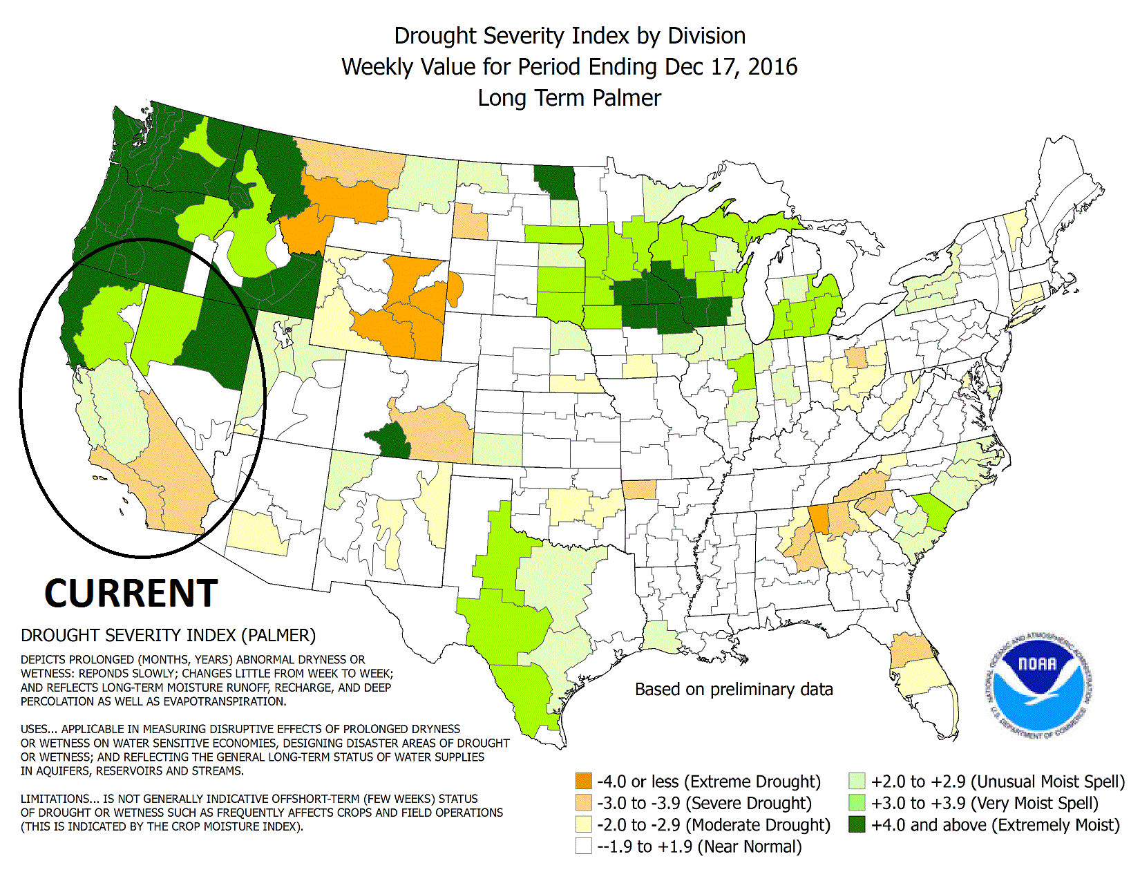 The most recent look at the Palmer Drought Severity Index (PDSI); courtesy NOAA
