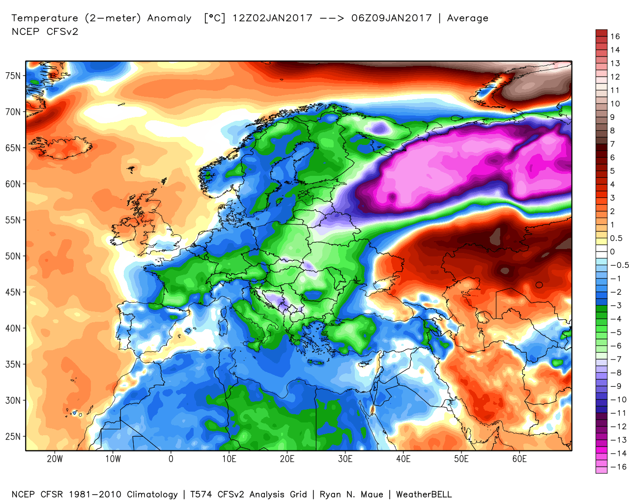 Temperature anomalies across Europe last 7 days; map courtesy Weather Bell Analytics