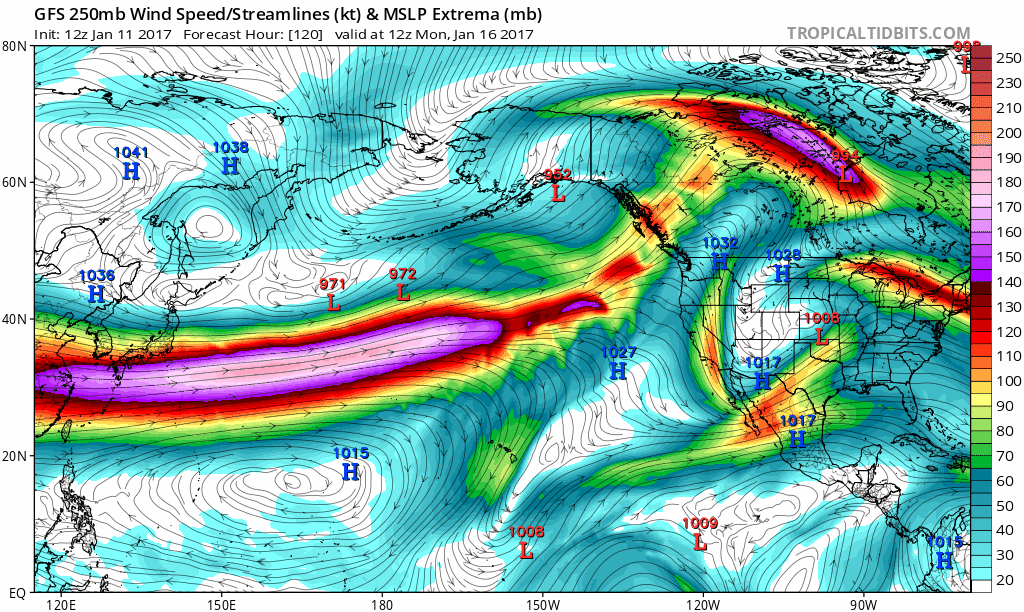 Computer forecast models indicate a powerful jet stream will continuously pound California over the next week to ten days and bring copious amounts of moisture from off of the Pacific Ocean into the state. This loop of predicted upper-level winds at 250 mb are in 12-hour increments from Monday, January 16th to Saturday, January 21st; maps courtesy tropicaltidbits.com, NOAA/EMC (GFS)