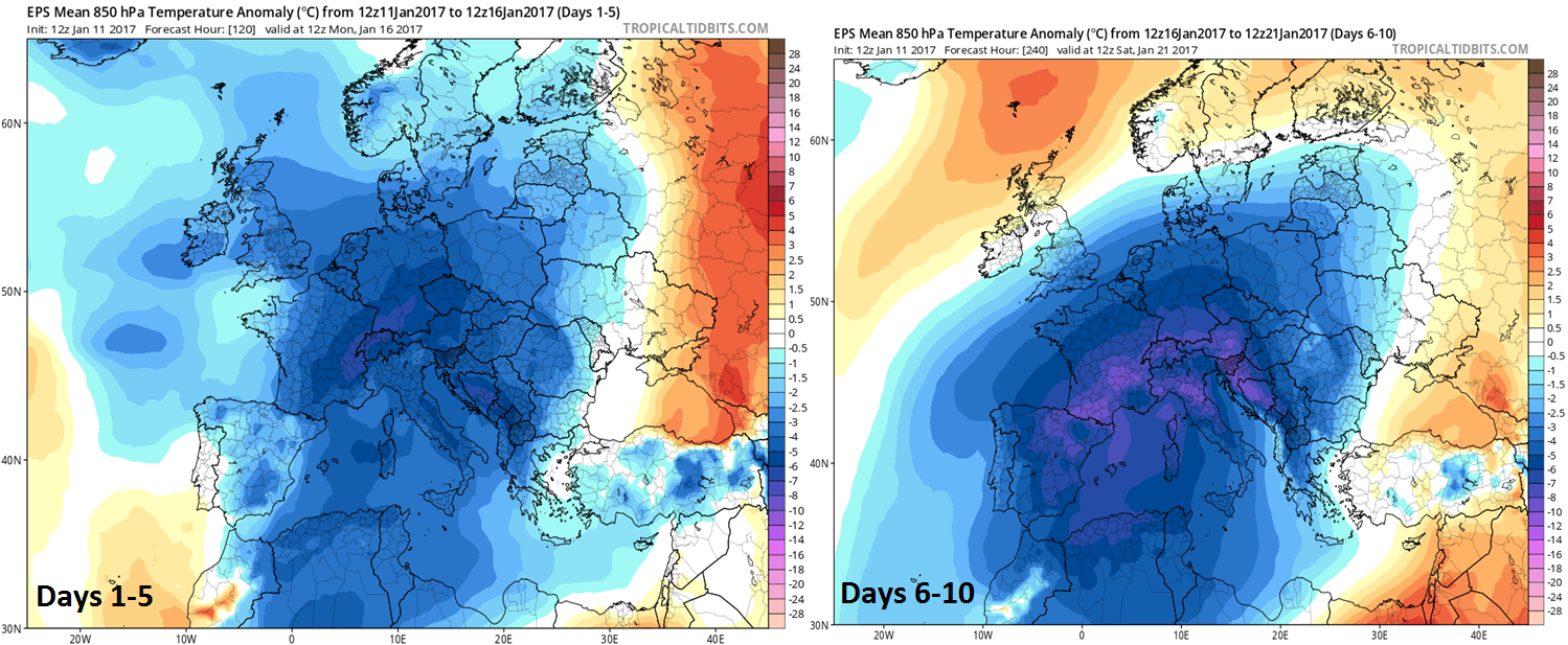 Temperature anomalies over the next ten days with days 1-5 (left) and days 6-10 (right) showing widespread colder-than-normal; maps courtesy tropicaltidbits.com