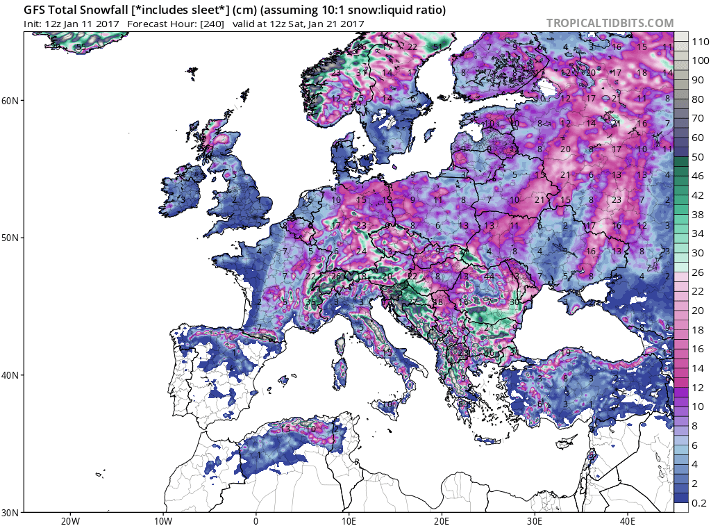 GFS total snowfall amounts predicted across Europe during the next ten days; map courtesy tropicaltidbits.com, NOAA/EMC (GFS)