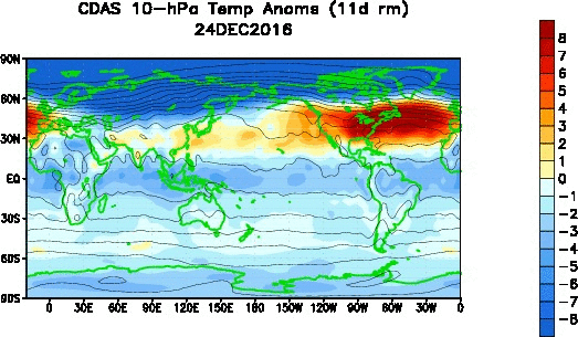 Loop of stratospheric (10-mb) temperature anomalies over the last 30 days on a worldwide basis with warming (orange) seen across the northern latitudes; courtesy NOAA