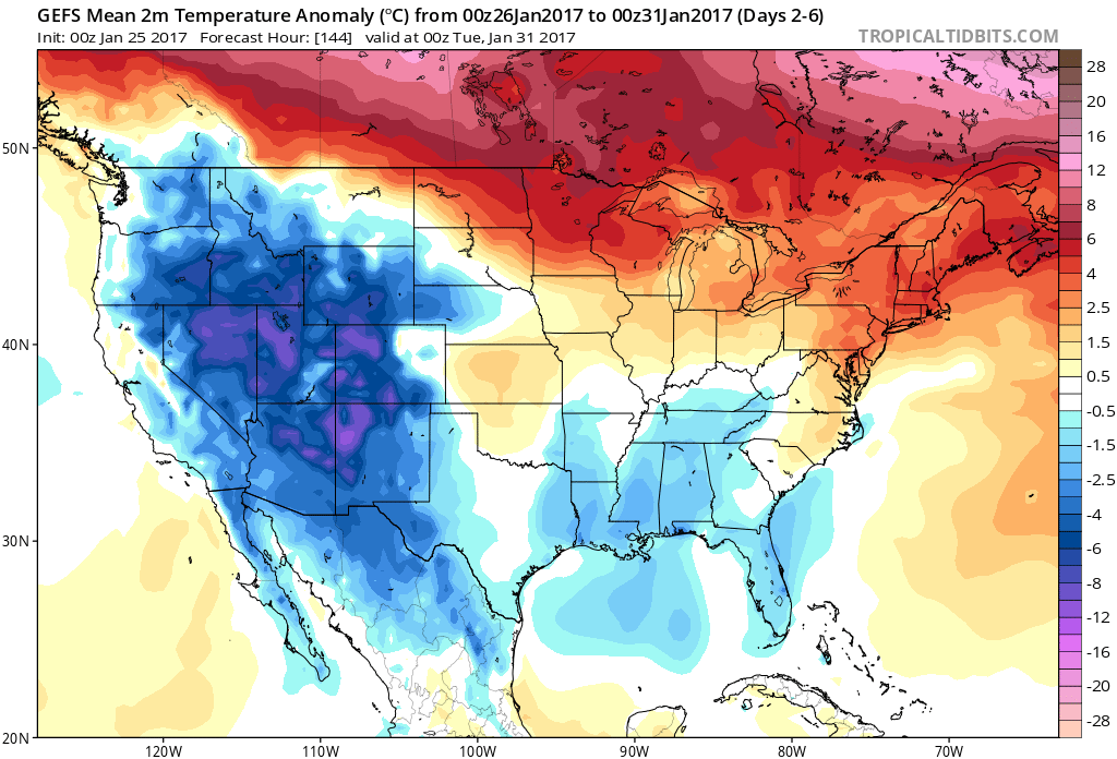 Temperature anomalies from 00Z GEFS for days 2-6, still above-normal in the Northeast US; courtesy tropicaltidbits.com, NOAA 