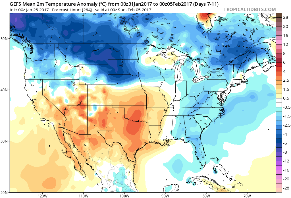 Temperature anomalies from 00Z GEFS for days 7-11; courtesy tropicaltidbits.com, NOAA
