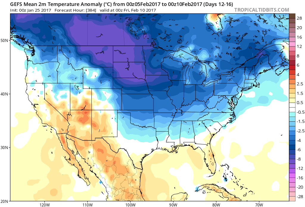 Temperature anomalies from 00Z GEFS for days 12-16 with lots of cold air upstream; courtesy tropicaltidbits.com, NOAA