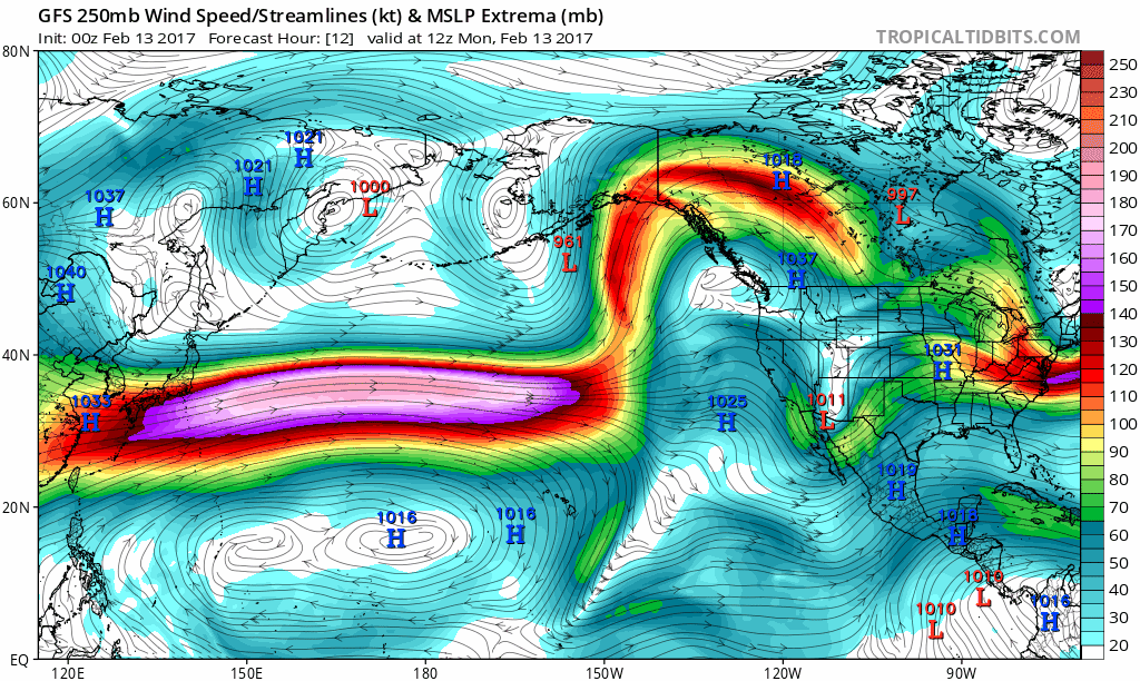 Computer forecast models indicate a powerful jet stream will continuously pound California over the next ten days and bring copious amounts of moisture from off of the Pacific Ocean into the state. This 10-day loop of predicted upper-level winds at 250 mb are in 6-hour increments from today until Thursday, February 23rd; maps courtesy tropicaltidbits.com, NOAA/EMC (GFS)