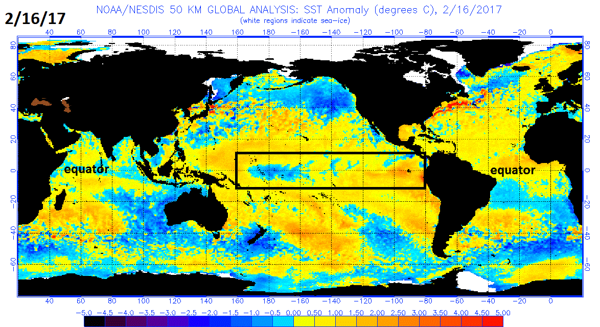 Sea surface temperatures anomalies as of 2/16/17. El Nino conditions (i.e., above normal SSTs) developing just off the west coast of South America (orange); courtesy NOAA