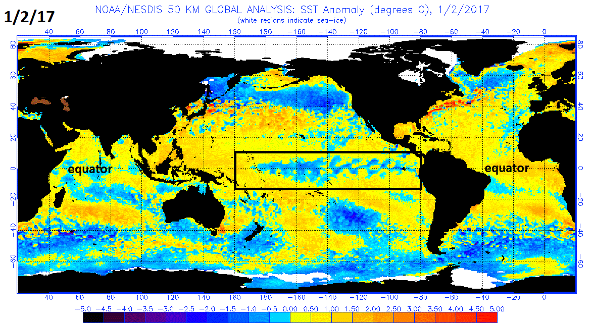 Sea surface temperature anomalies just six weeks ago in early January with La Nina (i.e., colder-than-normal SSTs) conditions (blue) in much of the equatorial Pacific Ocean; courtesy NOAA