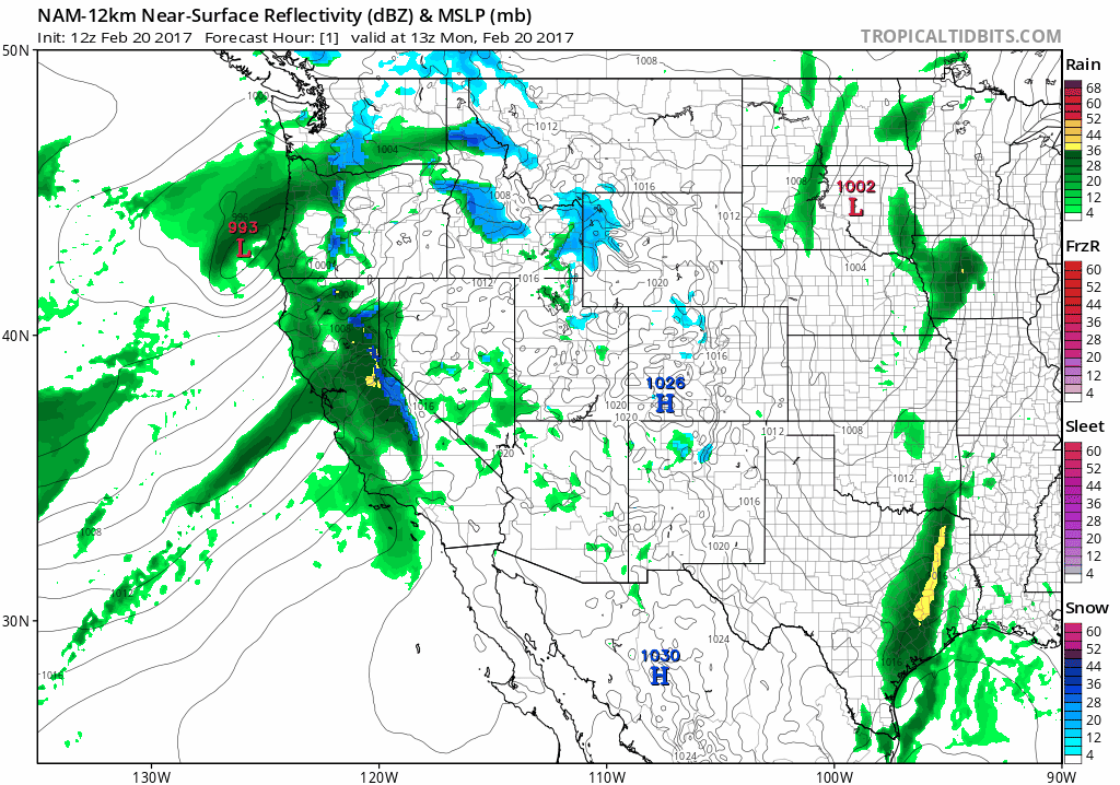 12Z high-resolution NAM surface reflectivity forecast loop for the next 36 hours (in hourly increments) with rain in green and snow in blue; courtesy tropicaltidbits.com, NOAA/EMC 