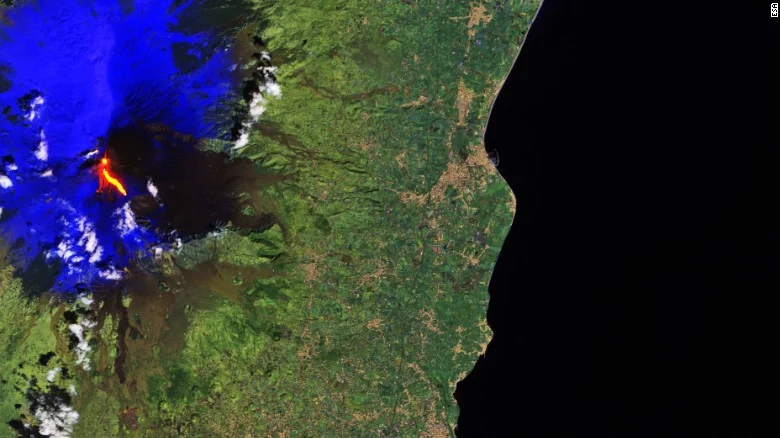 A satellite image of Mount Etna erupting on Thursday, March 16, 2017; courtesy Copernicus Sentinel-2A satellite.