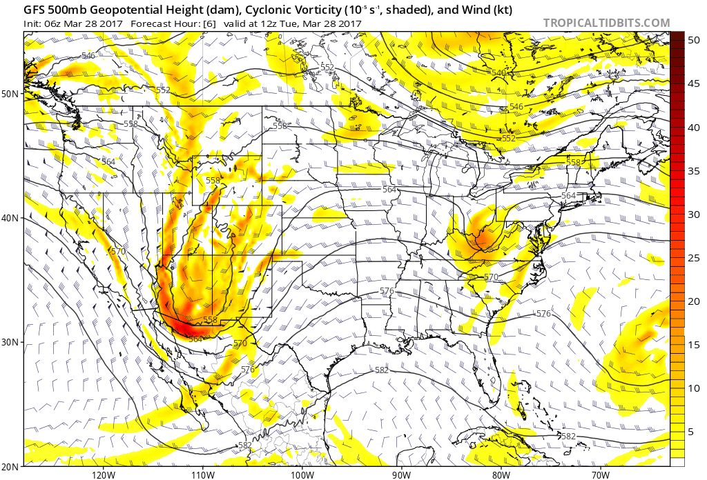 06Z GFS forecast maps of 500 mb vorticity for the next ten days in 6-hour increments; map courtesy tropicaltidbits.com, NOAA/EMC