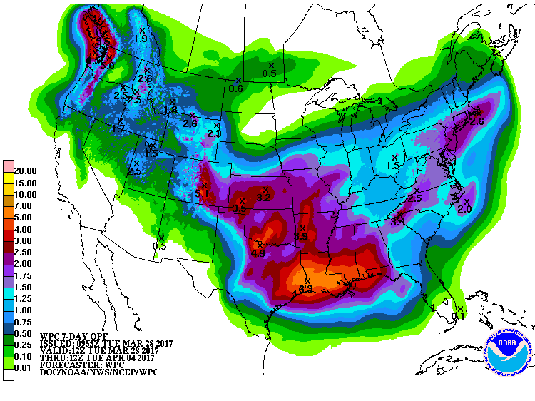 7-day precipitation totals for the US as predicted by NOAA forecasters with significant rainfall expected across much of the south-central and eastern US