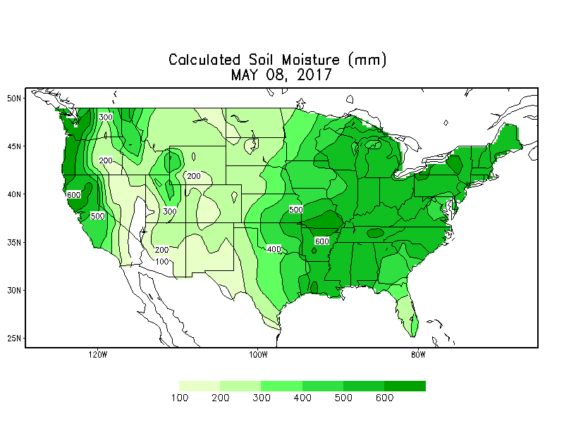 Soil moisture content is quite high in the eastern US thanks to recent rains; courtesy NOAA