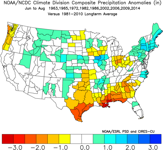 Precipitation anomalies for June, July and August based on analog years; data courtesy NOAA