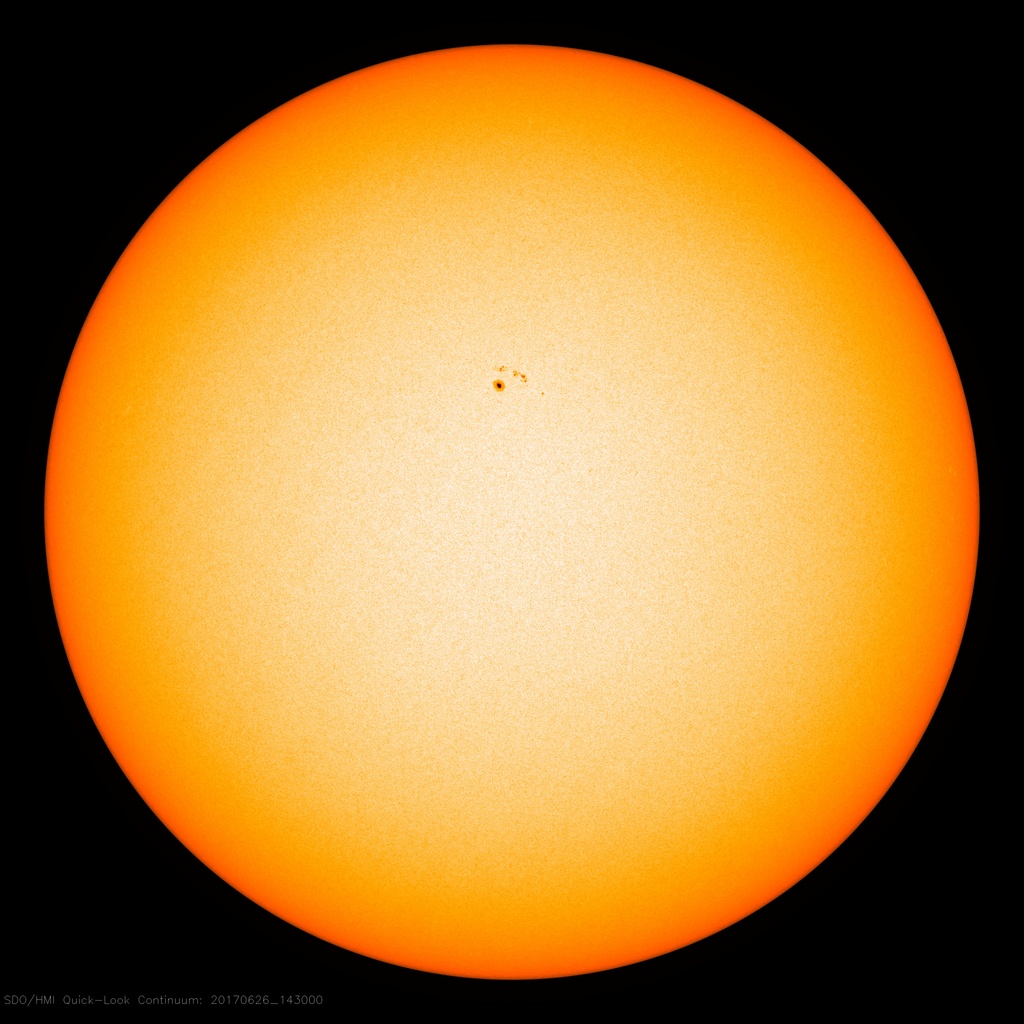 The latest image of the sun features only one visible sunspot region. The sun has been completely blank almost one-quarter of the time this year as it heads towards the next solar minimum; courtesy NASA
