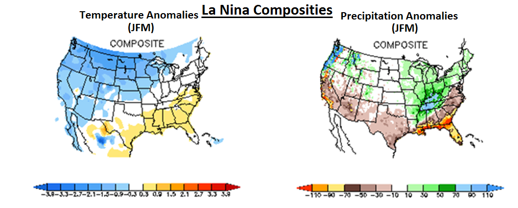 Temperature and precipitation composites are shown for "January/February/March" during La Nina winters; data courtesy NOAA