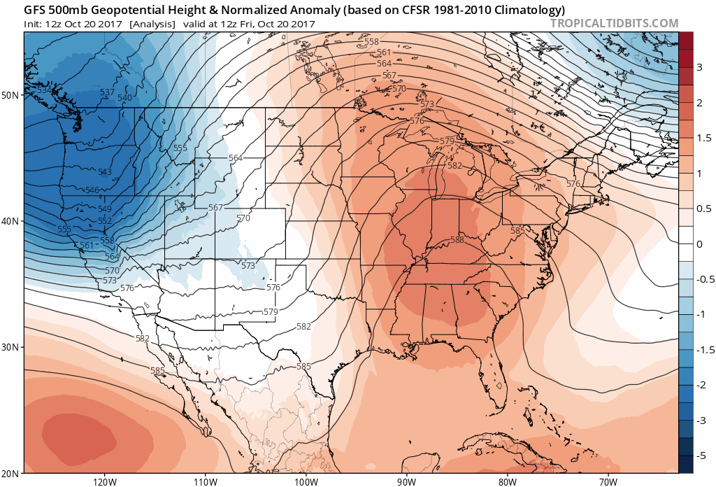 12Z GFS forecast of 500 mb height anomalies between today and next Thursday (in 6-hour increments). This weekend's strong high pressure ridging in the eastern US (orange) evolves into a deep upper-level trough of low pressure (blue) by the middle of next week. Maps courtesy tropicaltidbits.com, NOAA/EMC