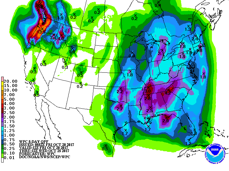 NOAA's forecast map of total precipitation during the next 5 days (Today-Wednesday) with soaking rain in the eastern half of the nation. Map courtesy NOAA/WPC