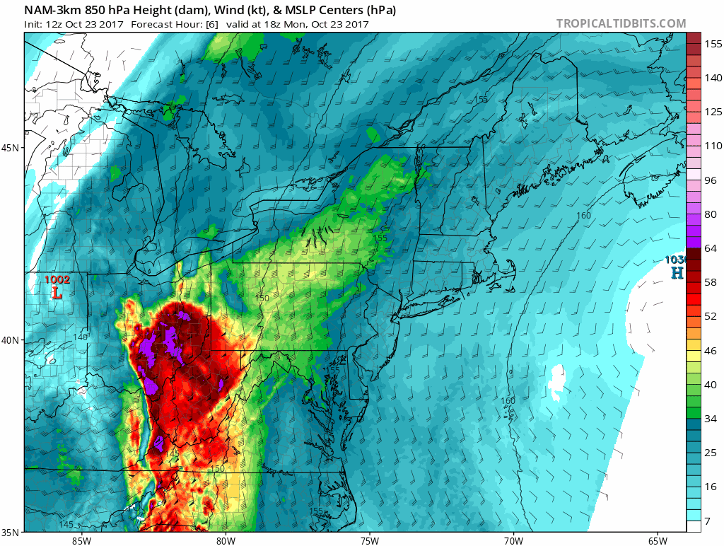 12Z high-resolution (3-km) NAM forecast of lower atmosphere wind speeds from this afternoon into tomorrow evening in 1-hour increments with high levels crossing the I-95 corridor. Courtesy tropicaltidbits.com, NOAA/EMC 